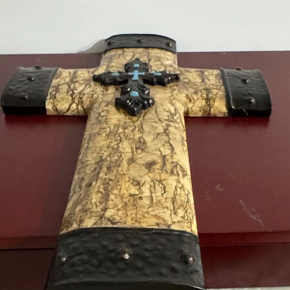 Rustic Southwestern style faux wood and hammered iron wall cross